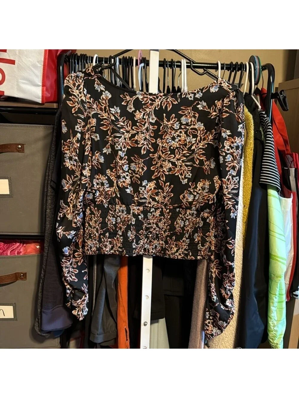 Free People Women's Santiago Print Smocked Crop Top Long Sleeve Blouse Sz Small